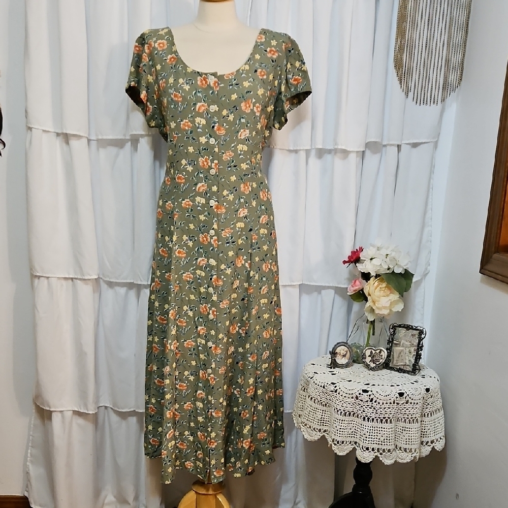 Vintage E.D. Michaels Olive Floral Midi Dress
